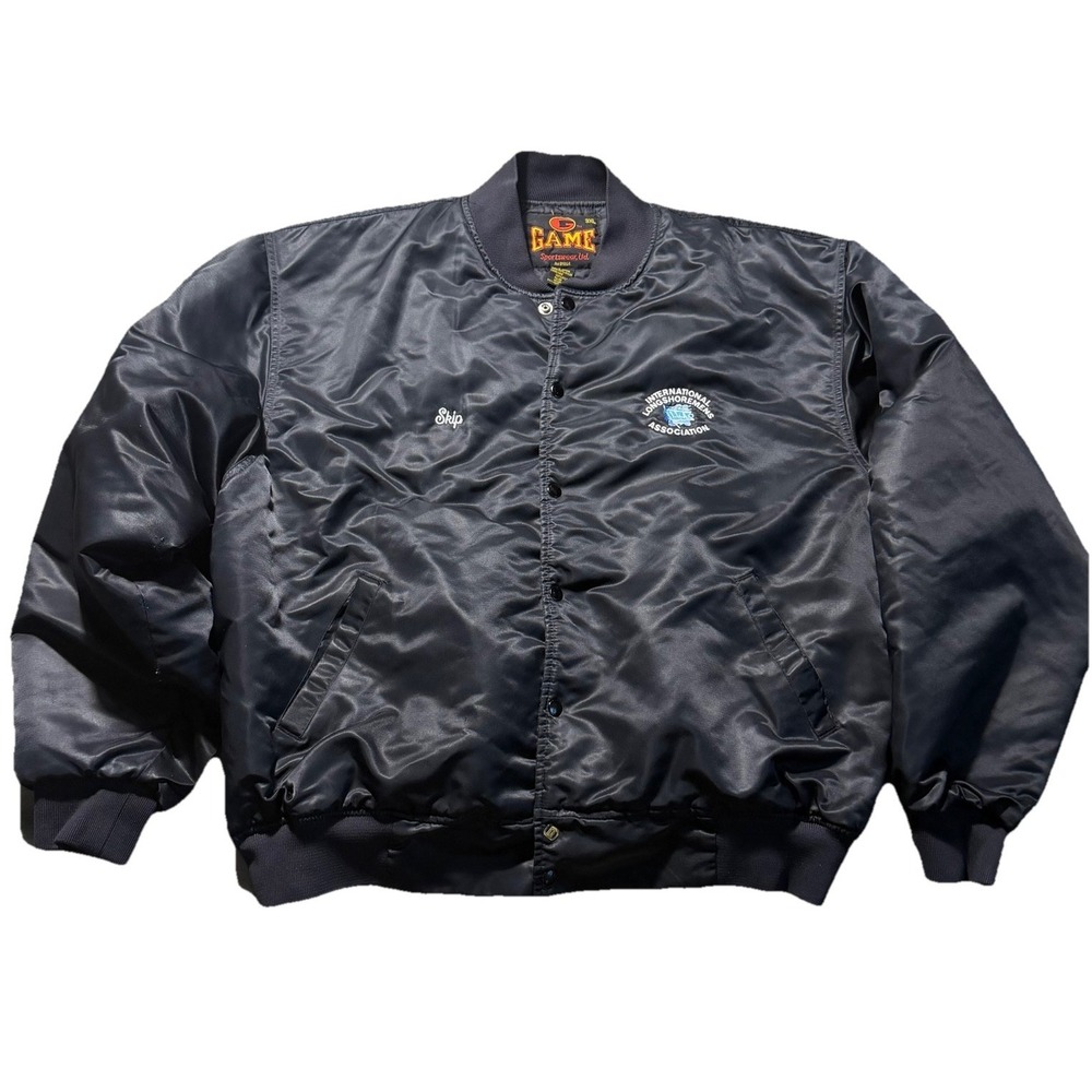 Vintage GAME Sportswear ILA Longshoremen Satin‎ Bomber Jacket Mens 3XL Black